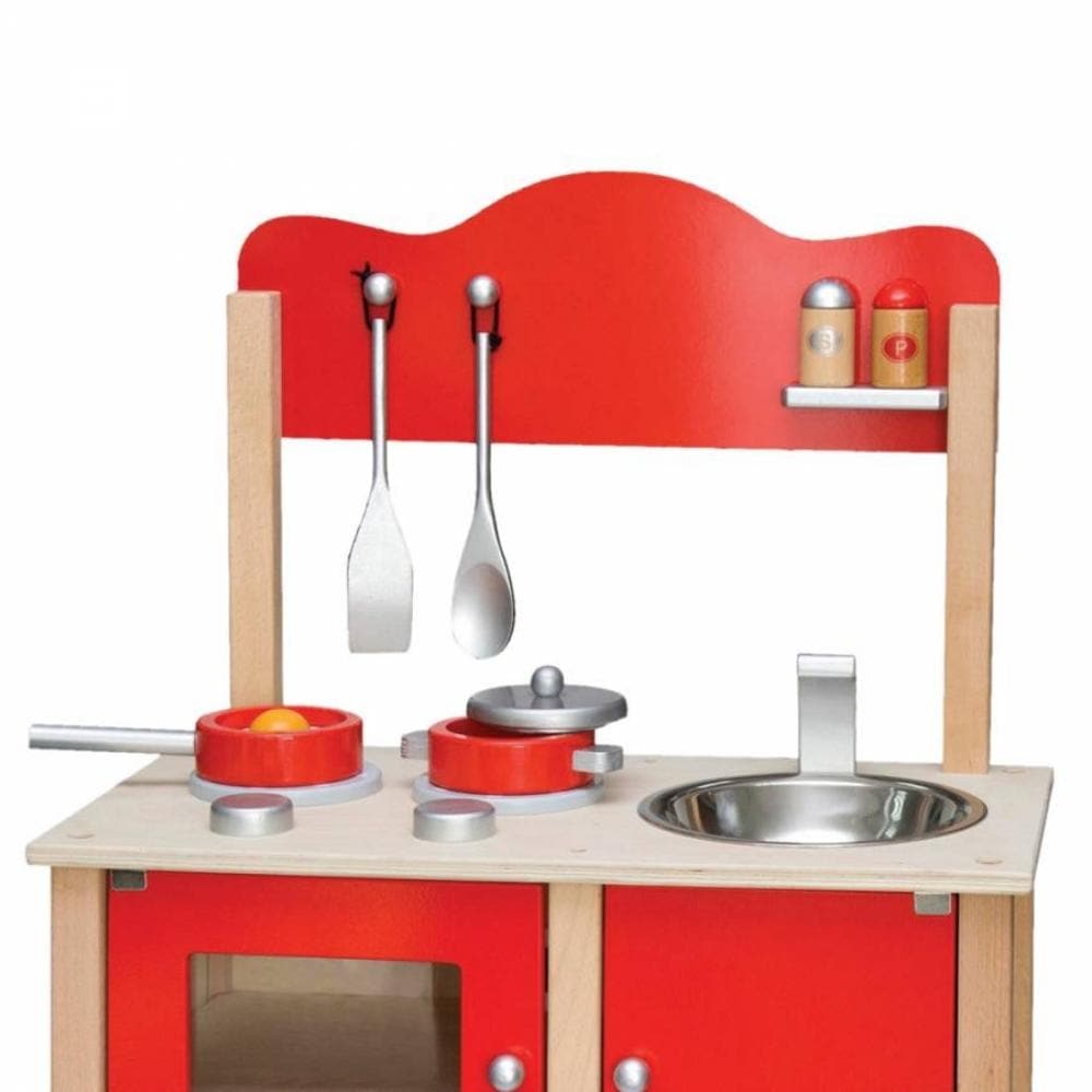 Red Wooden Kitchen Station, Inspire budding young chefs with the colourful Red Wooden Kitchen Station. This lifelike Red Wooden Kitchen Station features four hobs with dials, a sink with taps and an oven with shelf and a cupboard with plenty of room to keep all of your play food and utensils! Mini chefs will be cooking up a storm in no time. Perfect for any aspiring young chef, this gorgeous wooden kitchen will provide hours of fun. It comes with a set of accessories including a saucepan and lid, frying pan