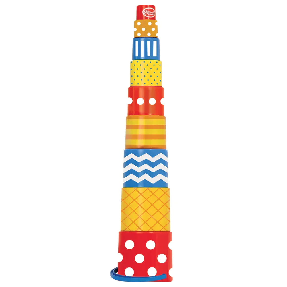 Retro Pyramid (9 Parts), Graduating in size, these 9 colourful rounded stacking blocks feature a funky retro design with lots of different patterns, shapes and colours. A great way to aid your little one's development, as they stack each block to create a tower they will be able to name each shape as they go. Stack the blocks in the correct order, from largest to smallest, to learn all about different sizes! The Stacking Blocks can be used in other play activities and can be stacked neatly inside of each ot