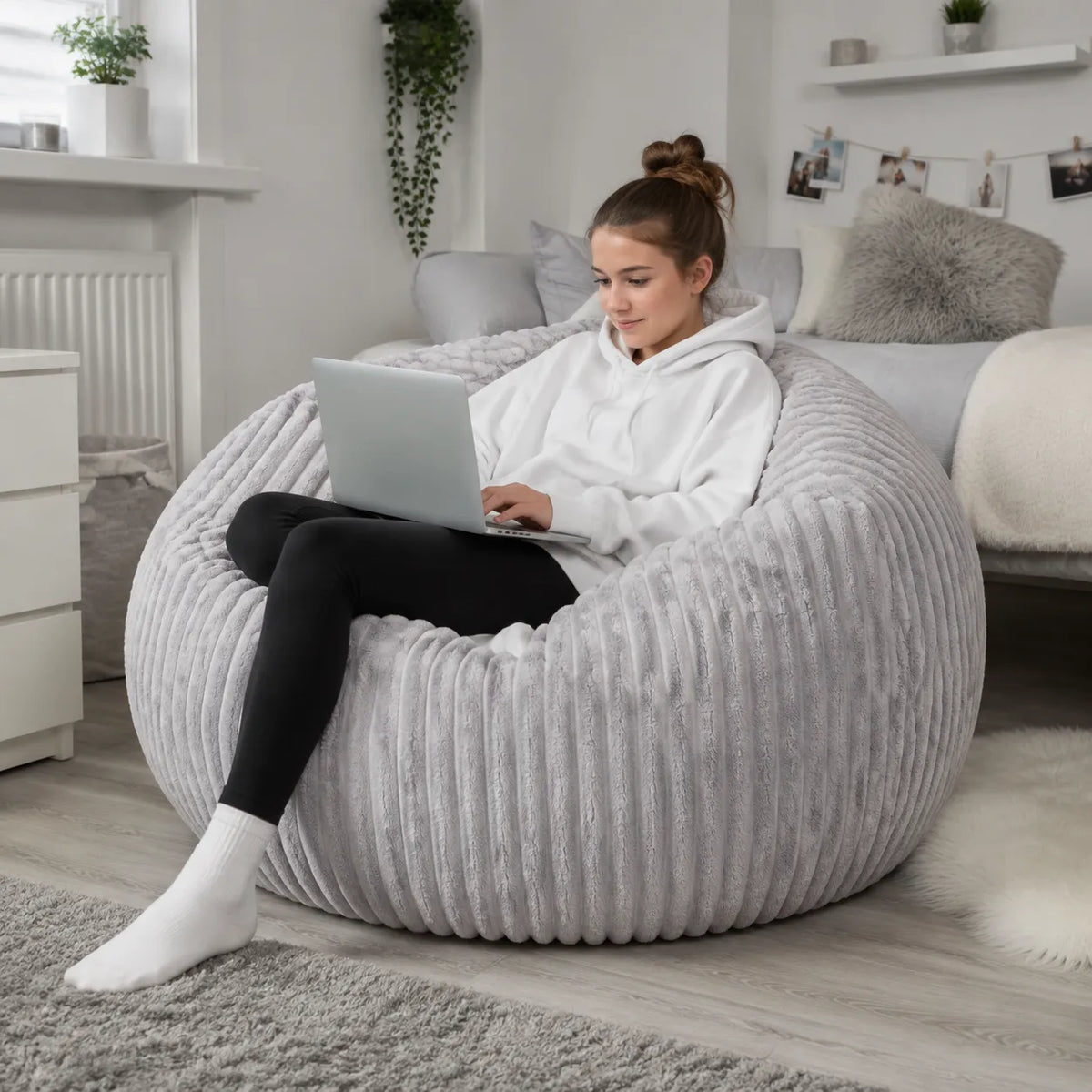 Ribbed Faux Fur Bean Bags Chunky Jumbo Fur in a teenage setting - lifestyle image 1