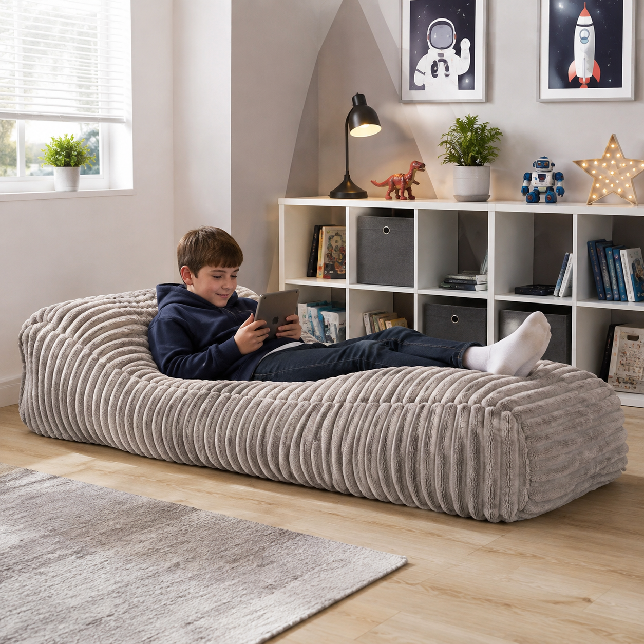 Ribbed Faux Fur Bean Bag Bed in a modern bedroom or lounge - lifestyle image 3