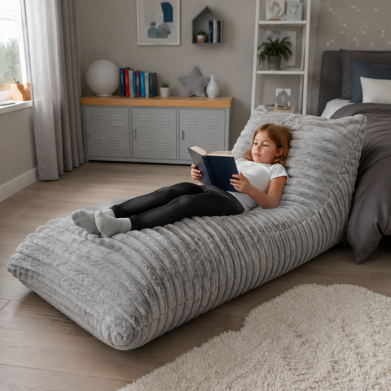 Ribbed Faux Fur Bean Bag Bed in a modern bedroom or lounge - lifestyle image 4