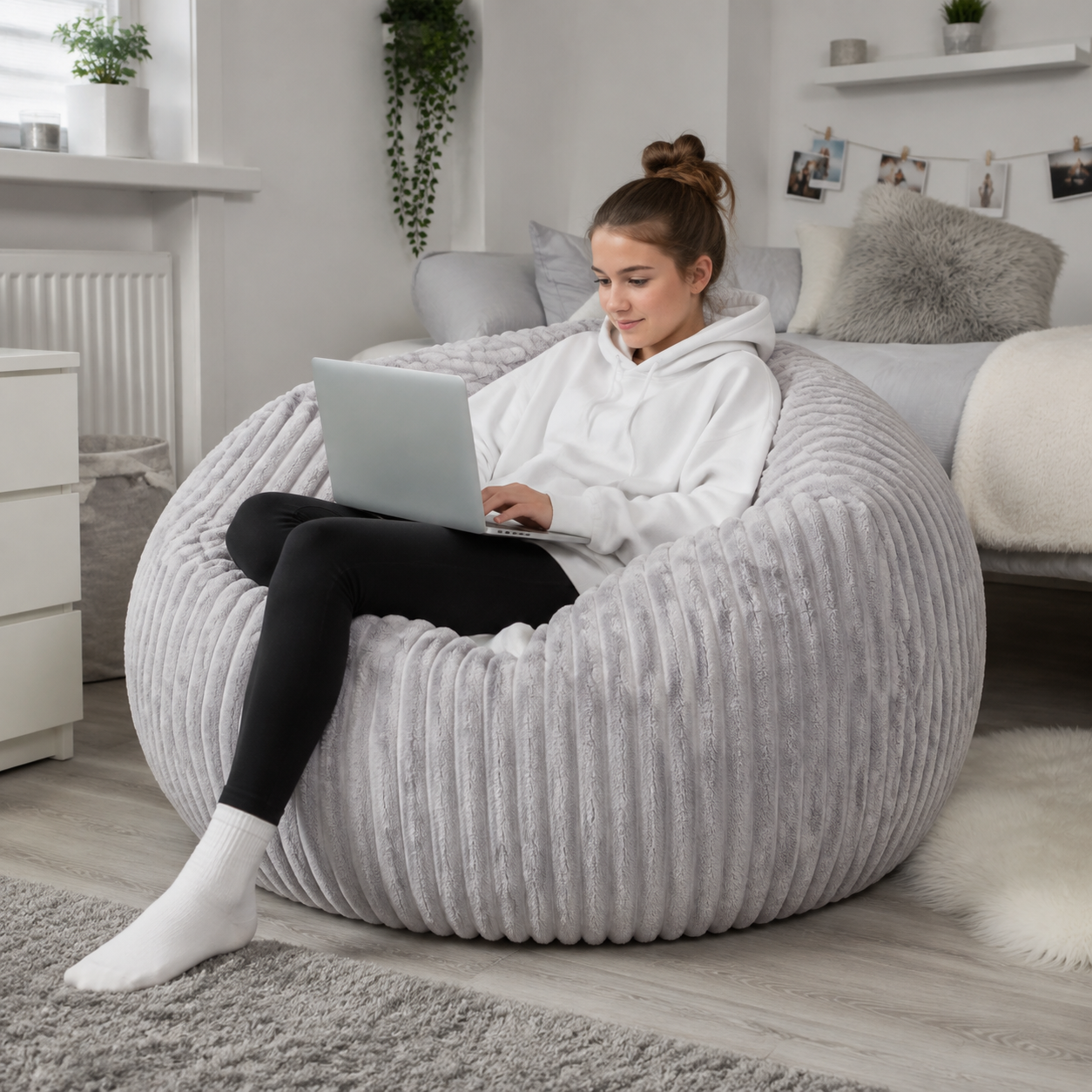 Ribbed Faux Fur Bean Bags Chunky Jumbo Fur in a teenage setting - lifestyle image 1