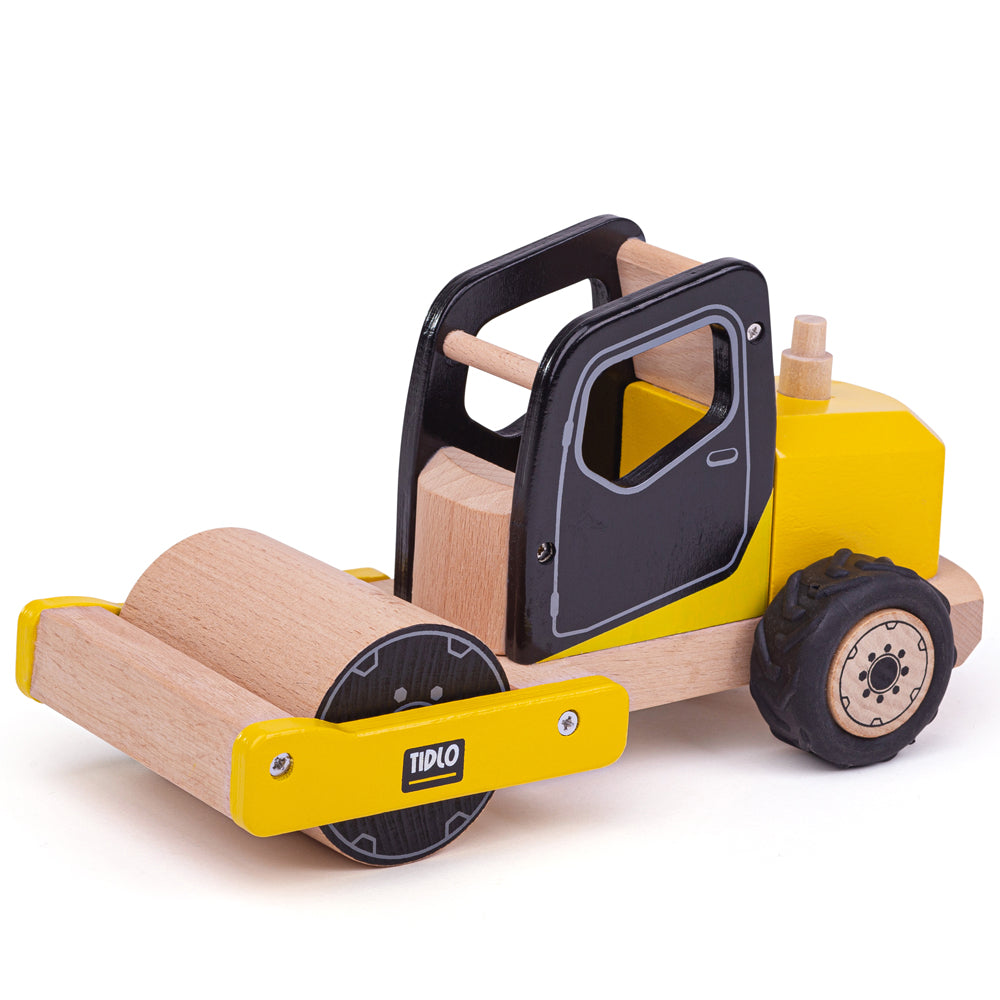 Road Roller, The buildings are finished, but what about the roads? This sturdy wooden Road Roller with its large drum is ready to flatten the road beneath it. Its rotating roller ensures the tarmac is flat and smooth, ready to be used by the eager locals and drivers! This realistic yellow road roller toy with movable parts and wheels is great for playing, pushing and discovering. Its large, chunky rubber tyres are ideal to grip smooth surfaces and its rounded, easy to hold shape is perfect for little hands.