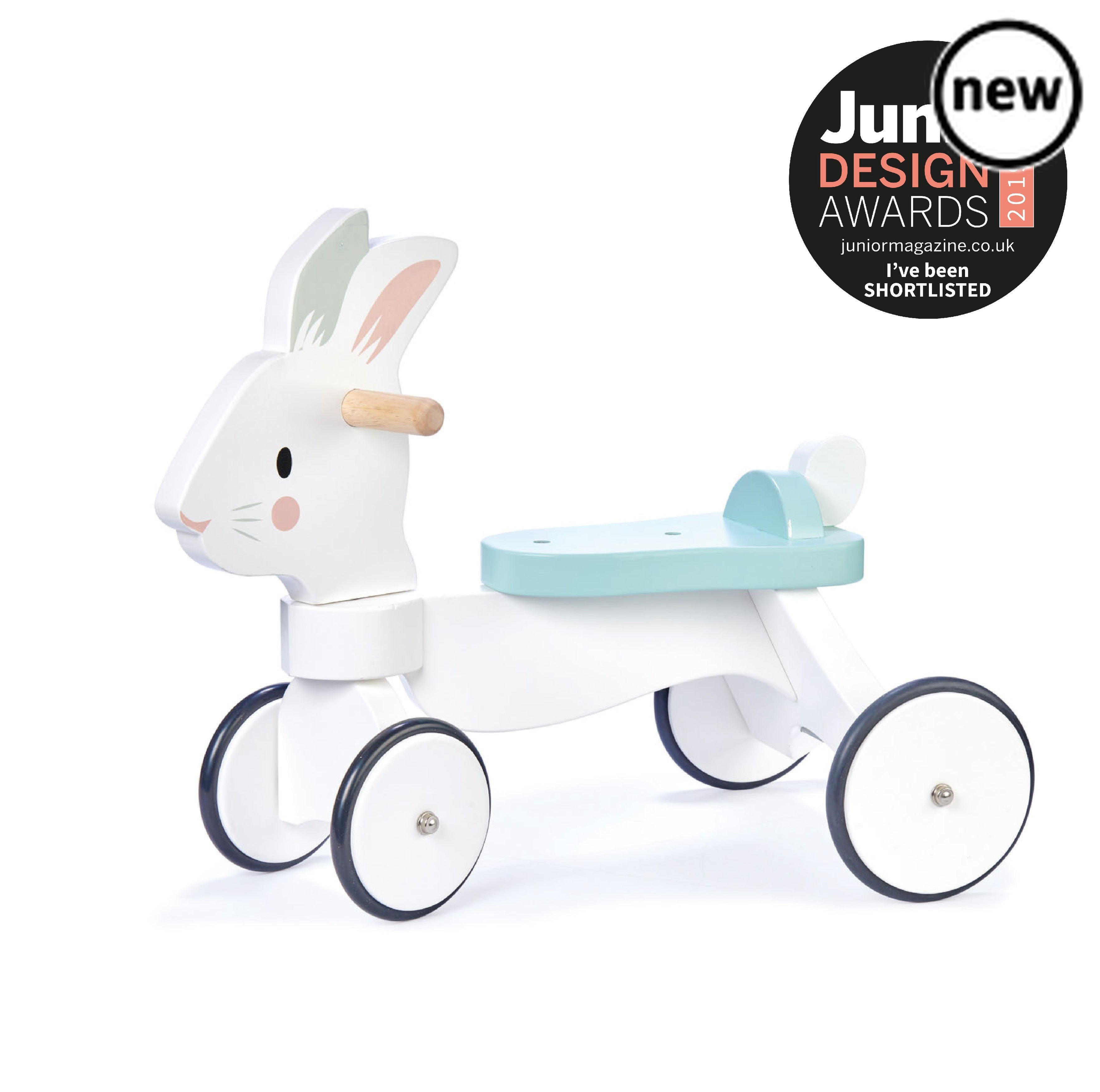 Running Rabbit Ride On, The Running Rabbit Ride On is a delightful toy which was been shortlisted for the prestigious Junior Design Awards 2019, proving its excellence in design and quality.This classic ride on bunny rabbit is not only adorable but also extremely sturdy. The white rabbit is made from solid rubber wood, ensuring durability and long-lasting play. The non-slip rubber trimmed wheels provide stability and smooth movement, allowing your child to ride around with ease.Safety is paramount, which is