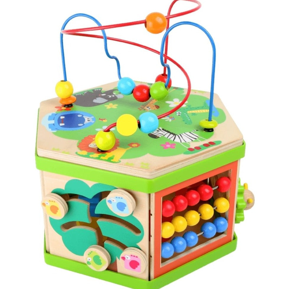Safari Motor Skills Training Cube, Looking for a fun and educational toy that will entertain your child for hours? The Animal Safari Motor Skills Training Cube is just what you need! Made from sturdy wood, this colorful cube features seven different play surfaces, each one designed to promote learning and skill development. With a sliding counter, sliding game, and bead chaser, this toy helps children develop their motor skills while also teaching them to understand and recognize quantities. And with its fu