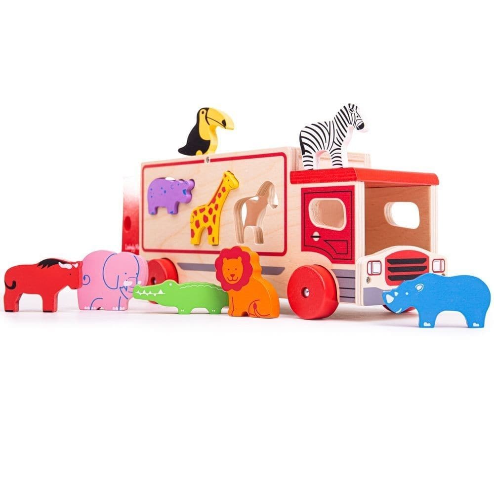 Safari Sorting Lorry, These brightly coloured wooden animals can be loaded onto the Safari Sorting Lorry through special slots on the roof and side panels of the vehicle. Sort the shapes and learn all about animals, then post each one through the correct slot. Once the animals are all safely aboard the Safari Sorting Lorry, make sure the rear tailgate is closed and whizz the lorry along to the next play stop. The Safari Sorting Lorry encourages mobility and dexterity. Safari Sorting Lorry - product features