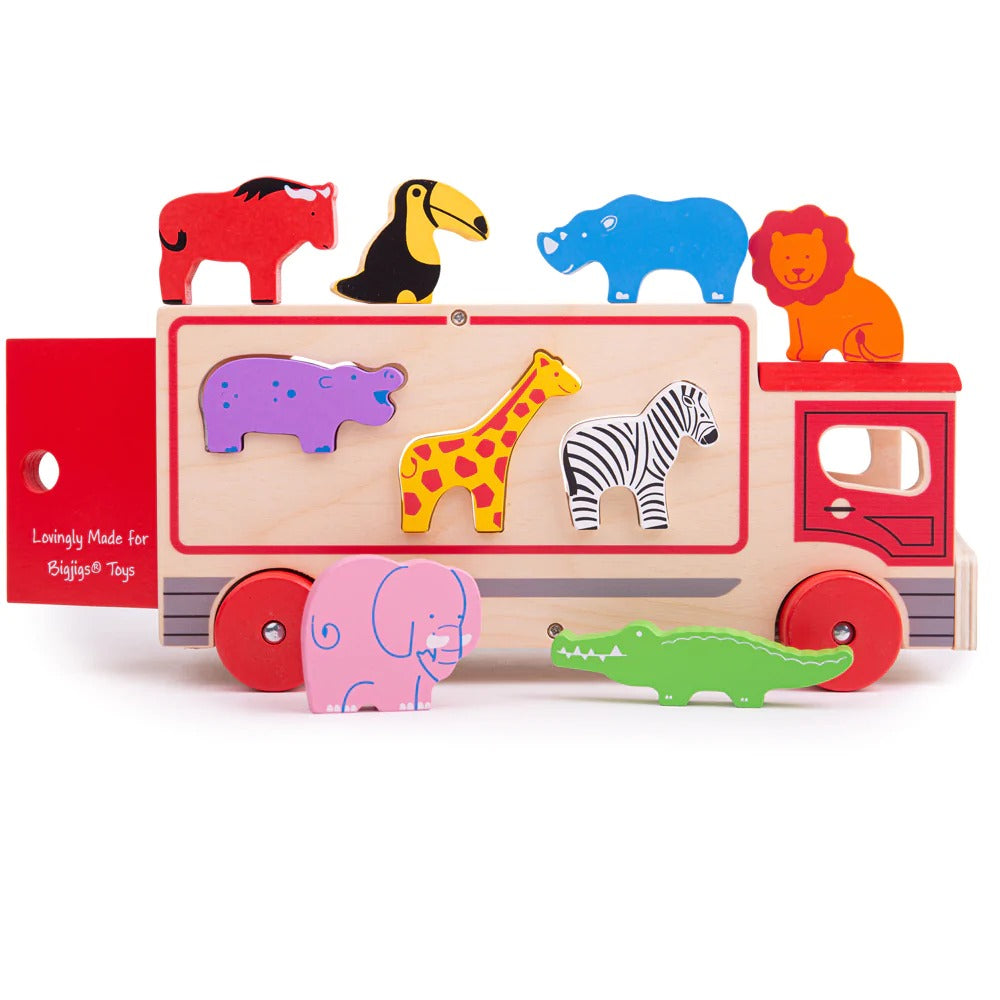 Safari Sorting Lorry, These brightly coloured wooden animals can be loaded onto the Safari Sorting Lorry through special slots on the roof and side panels of the vehicle. Sort the shapes and learn all about animals, then post each one through the correct slot. Once the animals are all safely aboard the Safari Sorting Lorry, make sure the rear tailgate is closed and whizz the lorry along to the next play stop. The Safari Sorting Lorry encourages mobility and dexterity. Safari Sorting Lorry - product features