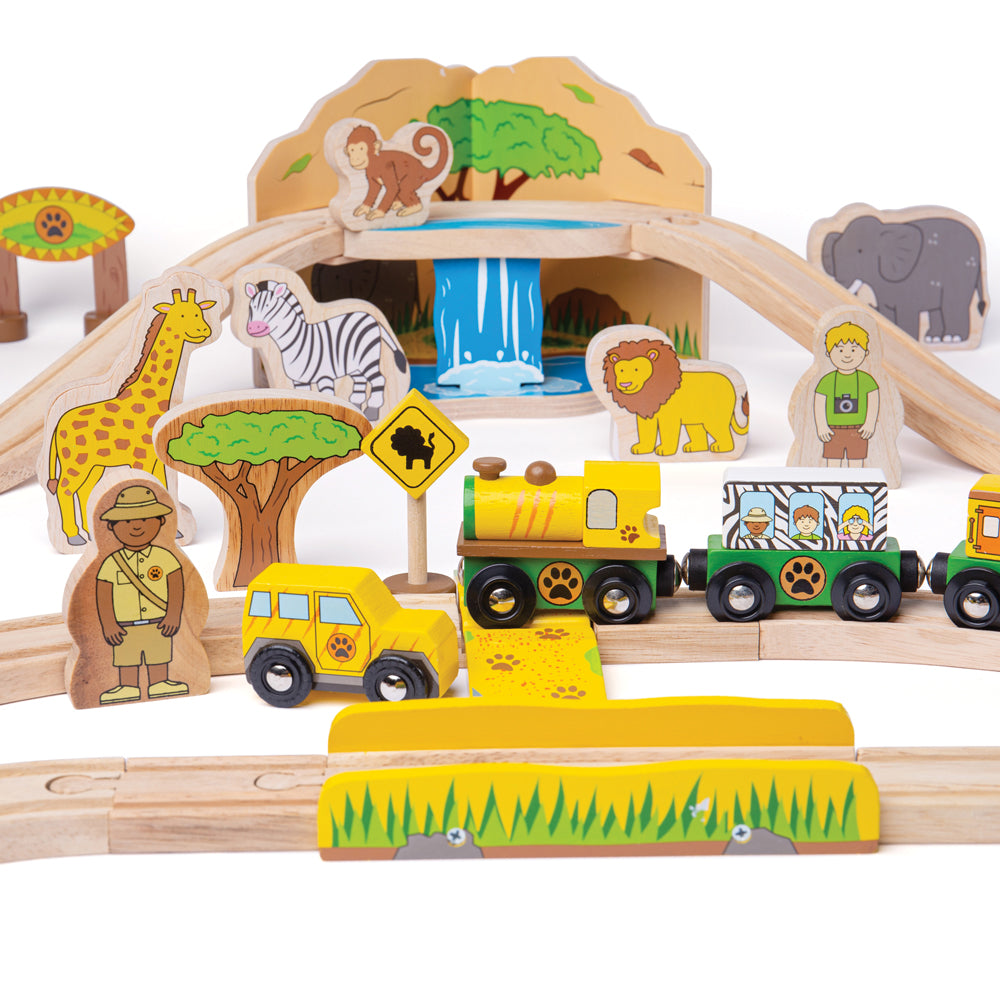 Safari Train Set, All aboard! The Safari Train is departing on a Bigjigs Safari adventure. What wild animals will you spot along the way? The cheeky monkey, or the giant giraffe? Maybe you'll even hear the loud lion! This 38-piece wooden train set includes high-quality wooden tracks, a safari toy train engine with two carriages, wild animals including an elephant, zebra and monkey, signage, trees and more! Train play encourages creative and narrative thinking, imagination and coordination. It also develops 