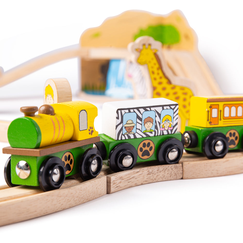 Safari Train Set, All aboard! The Safari Train is departing on a Bigjigs Safari adventure. What wild animals will you spot along the way? The cheeky monkey, or the giant giraffe? Maybe you'll even hear the loud lion! This 38-piece wooden train set includes high-quality wooden tracks, a safari toy train engine with two carriages, wild animals including an elephant, zebra and monkey, signage, trees and more! Train play encourages creative and narrative thinking, imagination and coordination. It also develops 