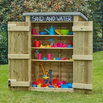 Sand And Water Activity Shed, This Sand and Water Shed will store a wide range of resources to create an exciting and engaging outdoor learning environment. This Sand And Water Shed is perfect for storing all of your sand and water equipment. You can also store your metre high guttering and all your other sand and water toys with ease. Hanging rails help to make resources more accessible and support independence. The Sand And Water Shed doors have blackboards. The Sand and Water Shed can be decorated to the