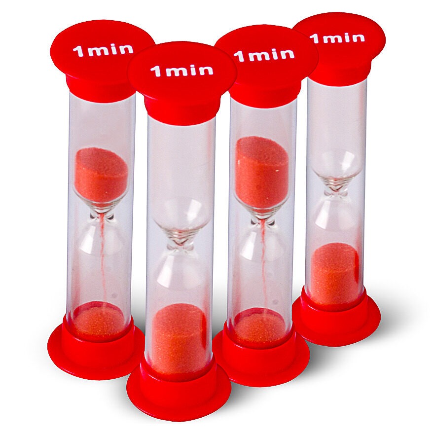 Sand timer mini 1 minute pack of 5, The robust colour-coordinated pack of 1-minute sand timers is an essential tool for any classroom or educational setting. Designed to help children grasp a sense of time, these timers are accurate and reliable. This pack includes 5 sand timers, each of which counts down 1 minute. These timers are perfect for various applications, including games, accurate event timing, experiments, and setting time challenges and boundaries for children. In games, the Sand timer mini 1 mi