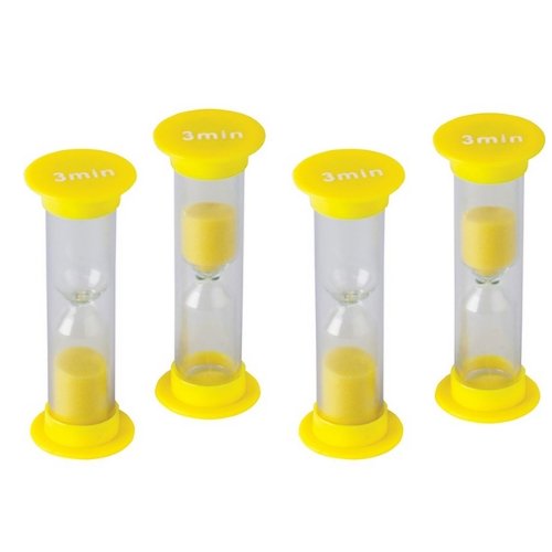 Sand timer mini 3 minutes Pack of 5, These Sand timers 3 minutes pack of 5 are a must-have for every classroom or learning setting. Featuring a robust design and color coordination, each sand timer provides an accurate 3-minute interval time.These sand timers are the perfect tool to help children understand the concept of time in a visual and engaging way. With this pack of 5 timers, you will have all the resources you need to make time tangible for children.Instead of relying on stop clocks, these sand tim