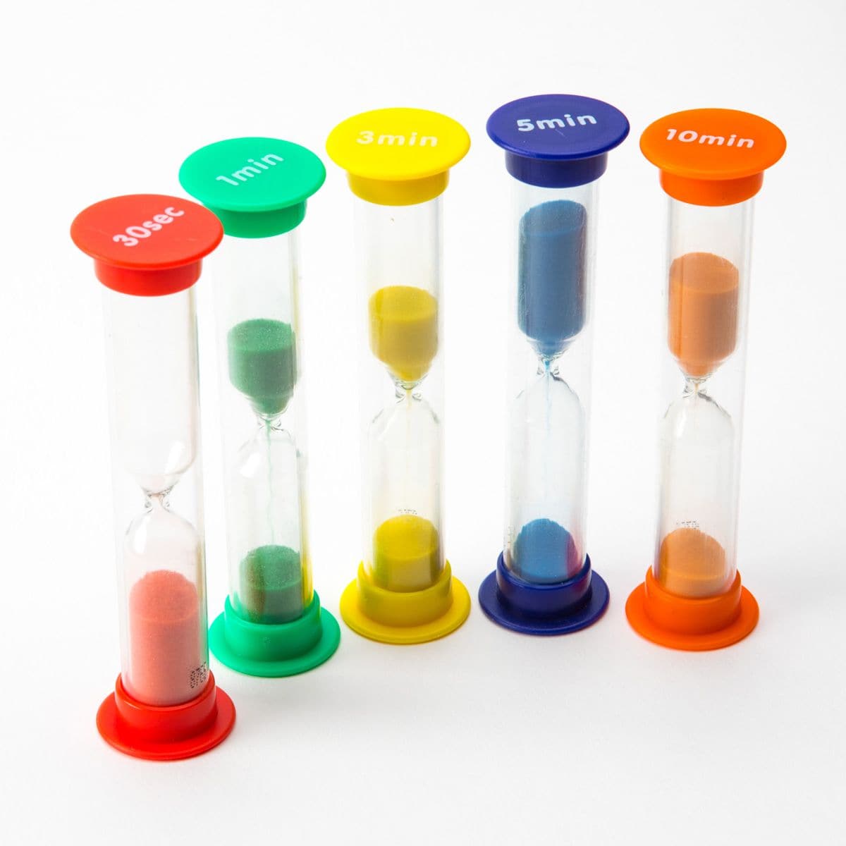 Sand timer Mixed Pack of 5, The Sand timer Mixed Pack of 5 contains robust colour coordinated pack of 5 midi sand timers with 30 seconds,1, and 2 minute,3 minute and 5 minute sand timers giving accurate interval times. The Sand timer Mixed Pack of 5 are perfect for use in games, accurate event timing and experiments and to set time challenges and boundaries for children. Sand timer Mixed Pack of 5 30 Second Sand Timer (Red) 1 Minute Sand Timer (Green) 3 Minute Sand Timer (Yellow) 5 Minute Sand Timer (Blue) 