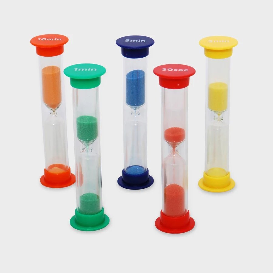 Sand timer Mixed Pack of 5, The Sand timer Mixed Pack of 5 contains robust colour coordinated pack of 5 midi sand timers with 30 seconds,1, and 2 minute,3 minute and 5 minute sand timers giving accurate interval times. The Sand timer Mixed Pack of 5 are perfect for use in games, accurate event timing and experiments and to set time challenges and boundaries for children. Sand timer Mixed Pack of 5 30 Second Sand Timer (Red) 1 Minute Sand Timer (Green) 3 Minute Sand Timer (Yellow) 5 Minute Sand Timer (Blue) 