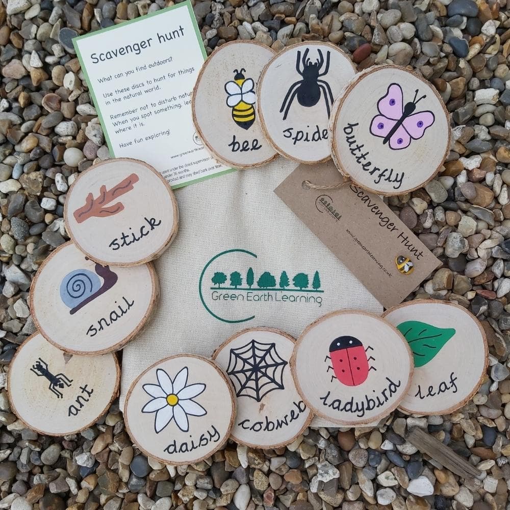 Scavenger Hunt Wooden Discs, Head outside and go on a scavenger hunt with these beautiful, hand painted Scavenger Hunt Wooden Discs. The Scavenger Hunt Wooden Discs will help your little one to become more familiar with nature by exciting them to immerse themselves in it. Supporting children in getting closer to nature and develop good observational skills. Comes in a handy cotton drawstring bag. Birch wood slices. Handpainted and finished with toy safe sealer. Educational learning resource – to be used und