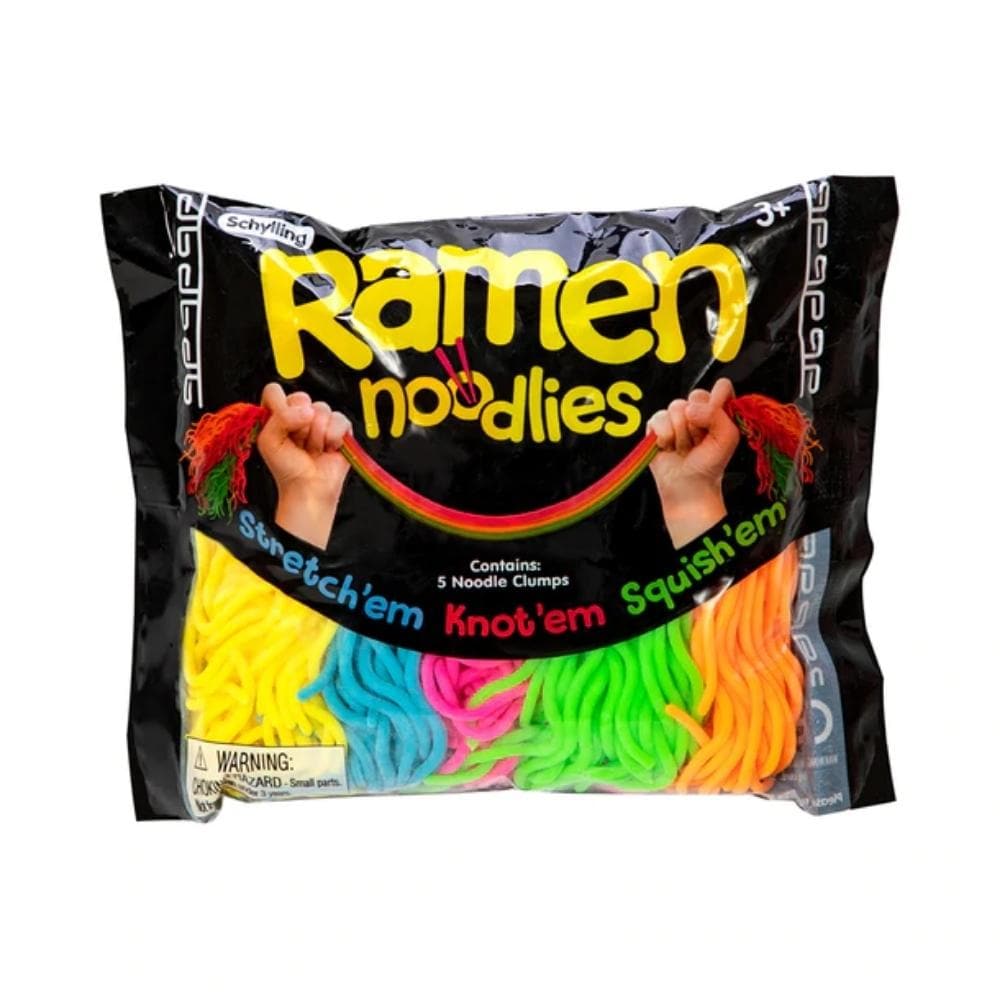Schylling Ramen Noodlies, Indulge in the delightful world of Ramen Noodlies – a sensory sensation that's almost as irresistible as the real thing! These crimped textured noodles offer a unique play experience, allowing you to squeeze, stretch, or mash them to your heart's content. Drenched in 5 fluorescent tones, Ramen Noodlies are a burst of color that adds excitement to your sensory play. Whether you're tossing them around with friends or squeezing a handful to mellow out, these noodles promise endless fu