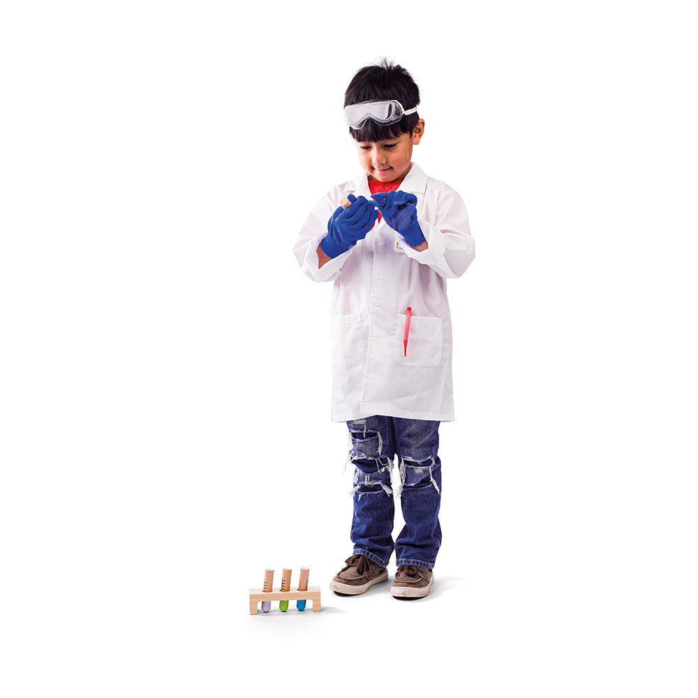 Scientist Dress Up, What concoction will be made in the science lab today? Mini scientists can make exciting new discoveries with this fantastic Scientist Kids Fancy Dress Costume. This children’s dressing up clothes set comes with a white lab coat, magnifying glass, ID badge, safety goggles, wooden test tubes in a holder and red tweezers. Our kids dress up costumes are suitable for ages 3-5 years. Jacket measures 40.5cm W x 57cm H; arm length - 45.5cm. Dress up products have been tested to the latest EN71 