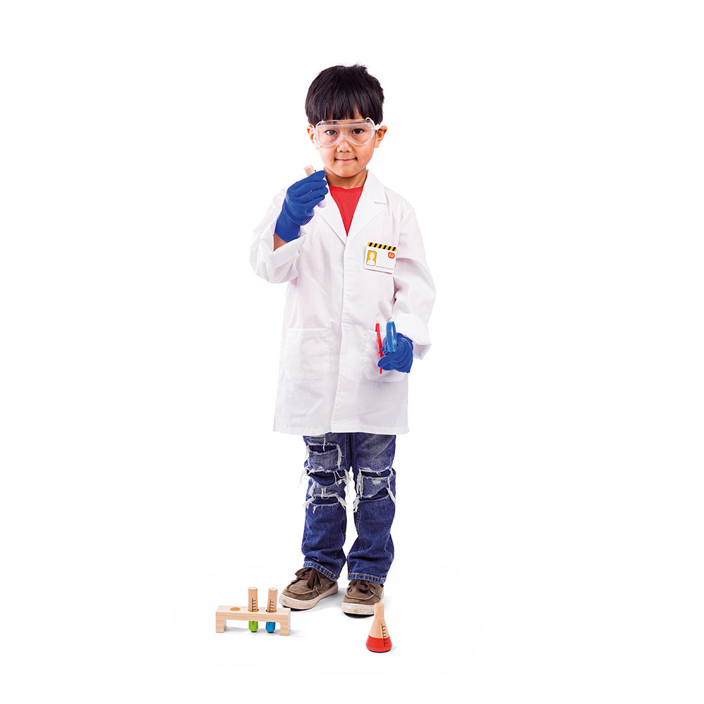 Scientist Dress Up, What concoction will be made in the science lab today? Mini scientists can make exciting new discoveries with this fantastic Scientist Kids Fancy Dress Costume. This children’s dressing up clothes set comes with a white lab coat, magnifying glass, ID badge, safety goggles, wooden test tubes in a holder and red tweezers. Our kids dress up costumes are suitable for ages 3-5 years. Jacket measures 40.5cm W x 57cm H; arm length - 45.5cm. Dress up products have been tested to the latest EN71 