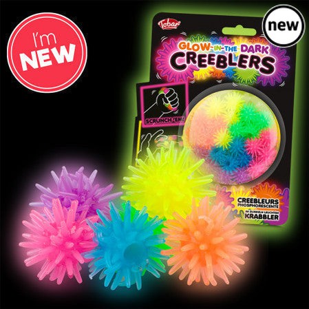 Scrunchems Glow in the Dark Creeblers, The Scrunchems Glow in the Dark Creeblers tendril balls climb and tumble down walls and windows. Throw a Scrunchems Glow in the Dark Creebler at a smooth vertical surface and it will stick to it before gracefully walking down to the ground. The design of each Scrunchems Glow in the Dark Creebler is covered with tiny tendrils, allowing it to slowly roll down whatever surface it is thrown against. Each Scrunchems Glow in the Dark Creeblers pack contains 24 Creeblers in a