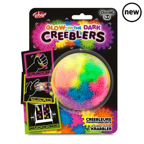 Scrunchems Glow in the Dark Creeblers, The Scrunchems Glow in the Dark Creeblers tendril balls climb and tumble down walls and windows. Throw a Scrunchems Glow in the Dark Creebler at a smooth vertical surface and it will stick to it before gracefully walking down to the ground. The design of each Scrunchems Glow in the Dark Creebler is covered with tiny tendrils, allowing it to slowly roll down whatever surface it is thrown against. Each Scrunchems Glow in the Dark Creeblers pack contains 24 Creeblers in a