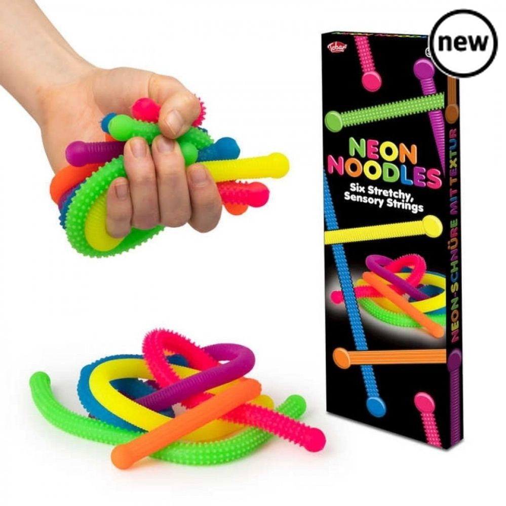 Scrunchems Neon Noodles, These fun sensory neon noodles have varying textural finishes, some being knobbly, and some with ribs going either horizontally or vertically. They make excellent sensory aids as they are bright and colourful, super stretchy, and have interesting textures. The pink, yellow, orange, and green ones also fluoresce brightly under UV blacklight. They make a cool sound when spun around too, hard to describe but like helicopter propellers or the beating sound of a swans wings when flying. 