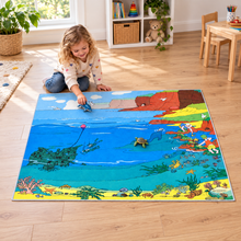 Sealife Playmat 1.5m x 1m showing children playing with separate sea animal figures in an early years play area