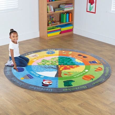 Seasons Circular Carpet 2m, The Seasons Circular Carpet is great for exploring weather, seasons and months, offering many opportunities for group discussion. Perfect for teaching Understanding the World and also supports Communication and Language, as one of the other key areas of learning and development. This soft pile mat is perfect for exploring weather, season and months. Anti-slip backing Perfect for getting children involved in group discussions. Supports Communication and Language and Understanding 