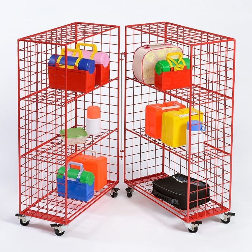 Secure Folding Lunchbox Trolley, The Secure Folding Lunchbox Trolley is a sturdy wire coated storage rack complete with 4 castors making this lunchbox trolley perfect for portable use in classrooms and cloakrooms. The Secure Folding Lunchbox Trolley can be stored away with ease and is designed to save space in the classroom and keep lunches safe. The Secure Folding Lunchbox Trolley holds approx 30 lunch boxes. Suitable Age: 3+ years Perfect for breakfast clubs and after school clubs Strong and durable troll