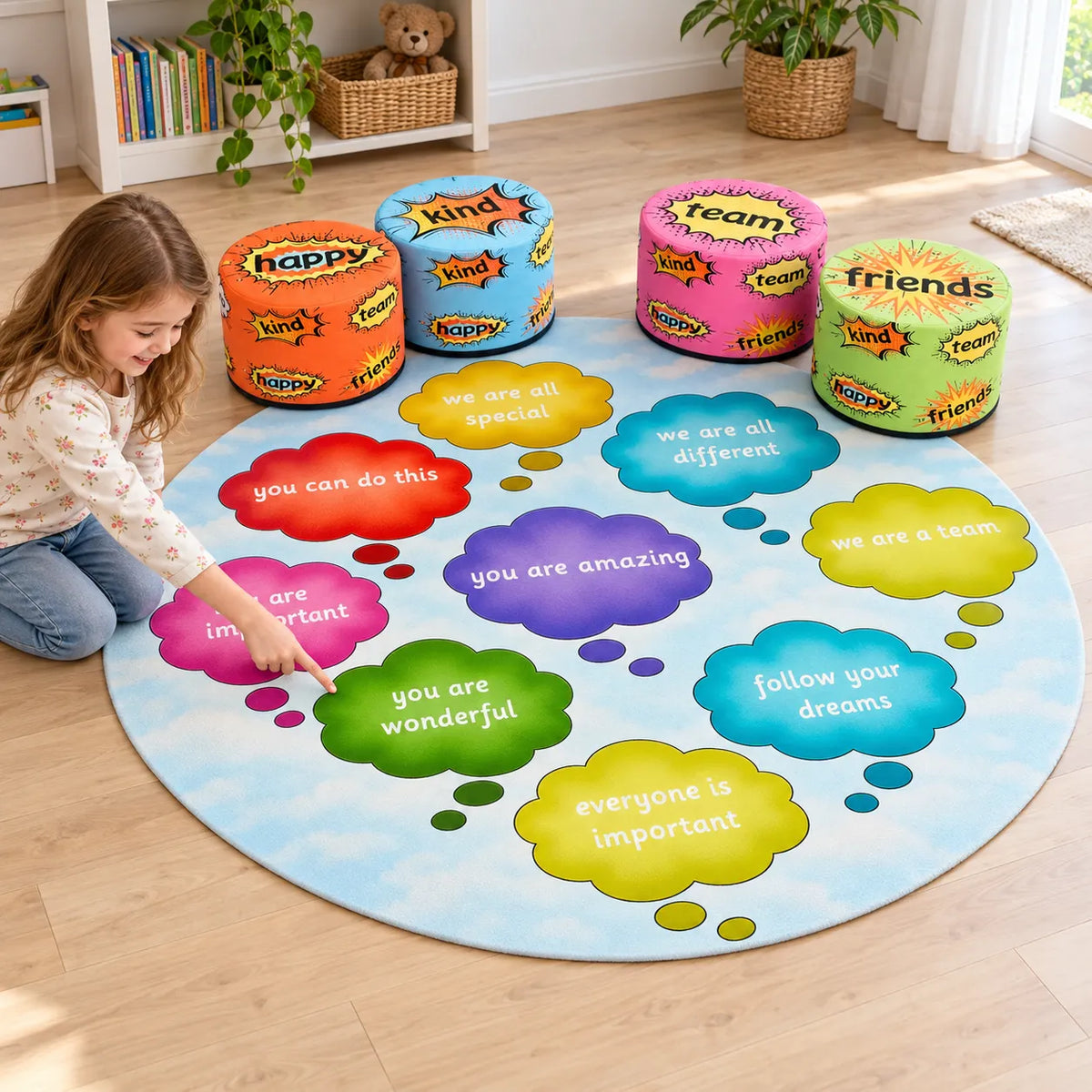 Child pointing to the you are wonderful affirmation on the playset mat