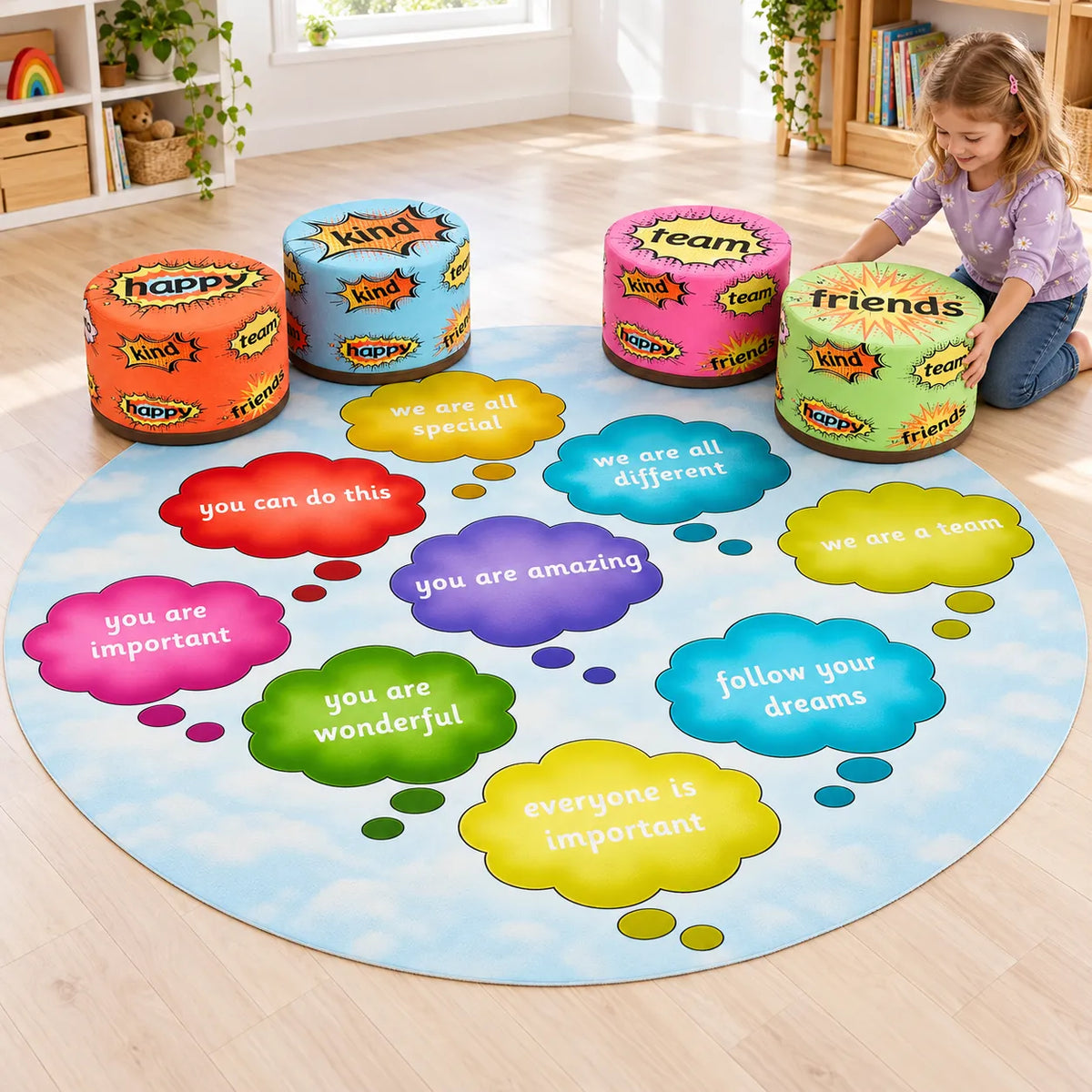 Child positioning the green friends seat around the affirmation mat