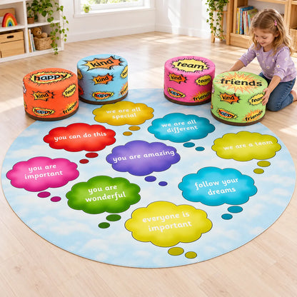 Child positioning the green friends seat around the affirmation mat