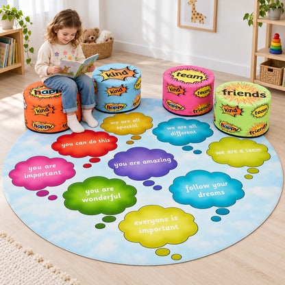 Child reading on the orange seat beside the Self Worth Positive Playset mat