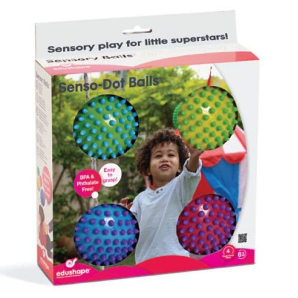 Senso Dot Balls Pack of 4, The Senso Dot Sensory Balls offer a multi-faceted sensory experience for children, making them an ideal choice for both educational and therapeutic settings. Here's a breakdown of the many benefits they offer: Motor Skills Development: These sensory balls aid in developing both fine and gross motor skills. From an early age, children will reach for, grasp, and manipulate the balls, working on eye-hand coordination, spatial awareness, and muscle development. Tactile Skills: The uni