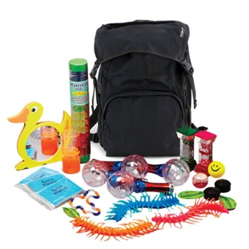 Sensory Backpack, A fantastic portable sensory back pack making this perfect for travelling or for therapists on the move. Take your sensory toy collection everywhere and with ease. The Sensory Backpack is a great value on the go resource allowing the user to move around freely with sensory resources to hand when needed. 1 X Backpack: A hard wearing backpack with two straps and numerous pockets 2 X Big Talking Buttons: A large chunky button that makes a noise when pressed 4 X Prismatic LED Spinners: This ha