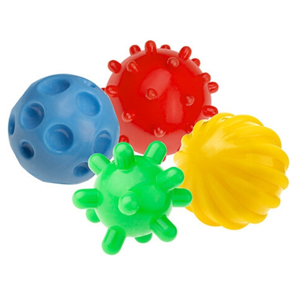 Sensory Balls 4 Pieces, A set of four soft sensory balls designed for sensory integration exercises and fun. Each Sensory ball has a different size and texture, thanks to which it provides a different sensory experience. These sensory balls do not have a hole, so they are great during bathing. Water does not get inside, and children only come in contact with the outer layer of the toy. It's even more hygiene for your toddler. They provide tactile sensations by using different material structures, which impr