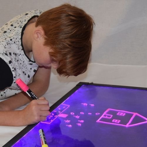 Sensory Illuminated Writing Board, The Sensory Illuminated Writing Board is a huge sensory neon writing board that lights up in 16 different colours for engaging and collaborative mark making activities. Use washable neon pens to write or draw any design you on the tempered glass panel, easy to write-on and wipe-off. Comes with the Remote Control, helps You Easily Choose Different Colour or Speeds to Shine Your Messages. Brilliant, colour-changing glow art neon effect drawing board. Eye-catching led writing