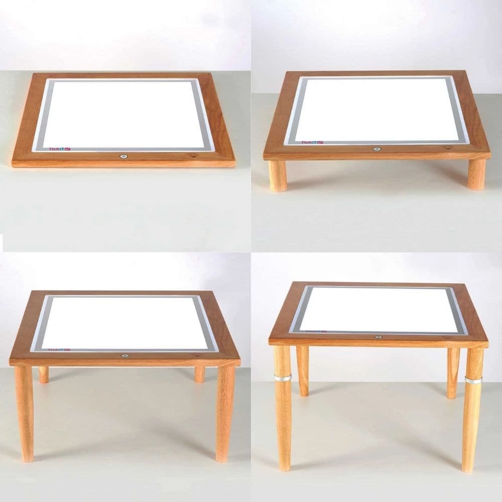 Sensory Light Panel Table, Attractive solid wooden Light panel table with a bright LED light panel in the top, providing a versatile cross-curricular resource for any SEN or early years setting. The TickiT Wooden LED Light Table is a height adjustable and multi purpose use light panel makes this the perfect addition to any classroom or home. New touch switch technology includes a lock function to prevent the panel being switched off unintentionally. The TickiT Wooden LED Light Table has adjustable legs, the