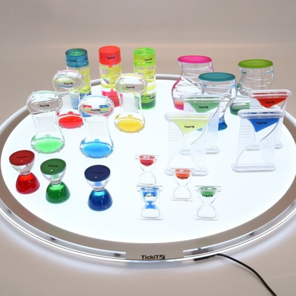 Sensory Liquid Bumper Set Pk21, The Sensory Liquid Bumper Set Pk21 is a complete collection of Sensory and Bubble Liquid timers which children will love to explore. The Sensory Liquid Bumper Set Pk21 set contains visually stunning collection of sensory liquid timers which are great for home or educational settings. Turn these colourful liquid timers over and watch droplets tumble and bounce to the bottom, bubbles float to the top and fat spherical droplets walking in a line down a spiral staircase. This rea