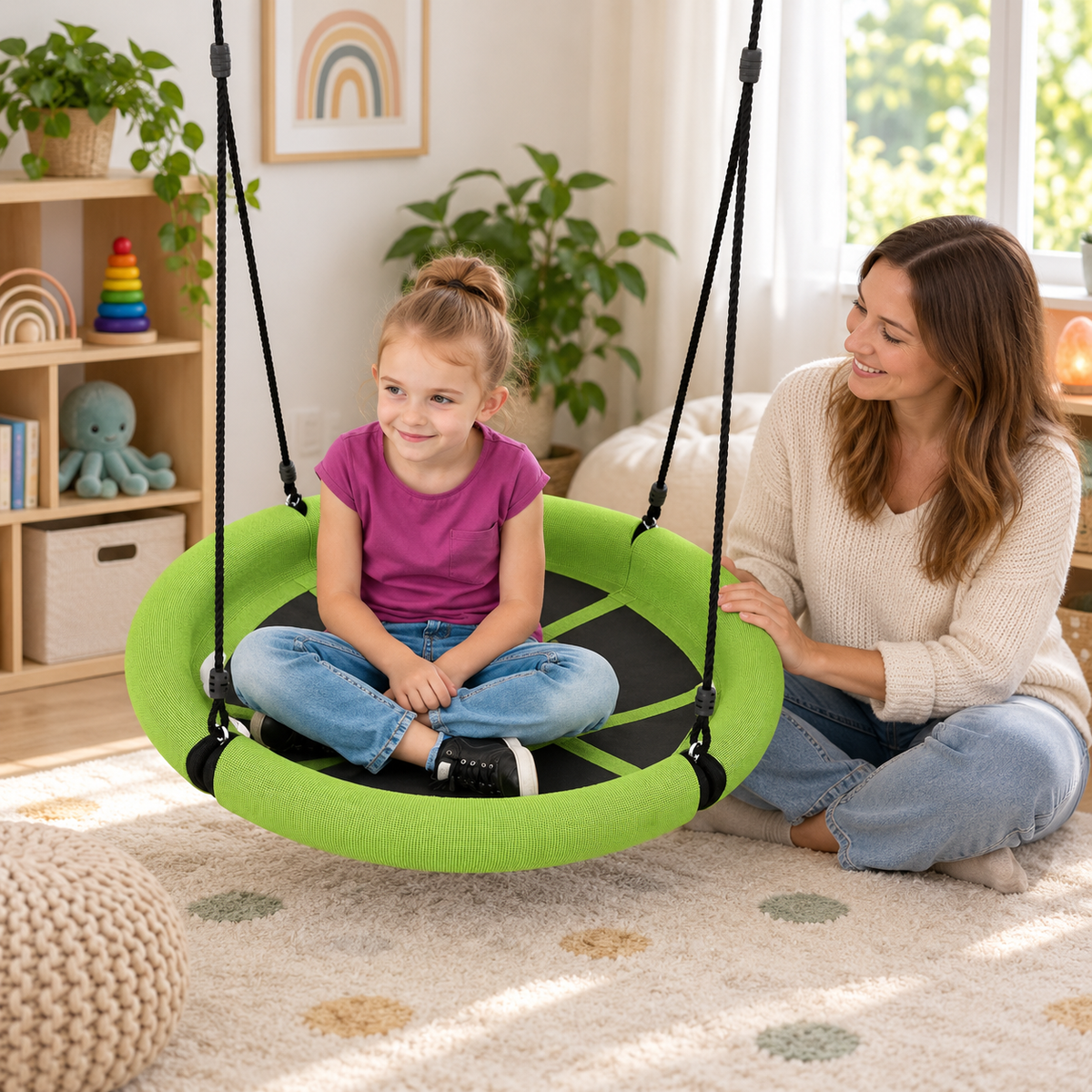 Green Sensory Nest Swing in a home sensory space