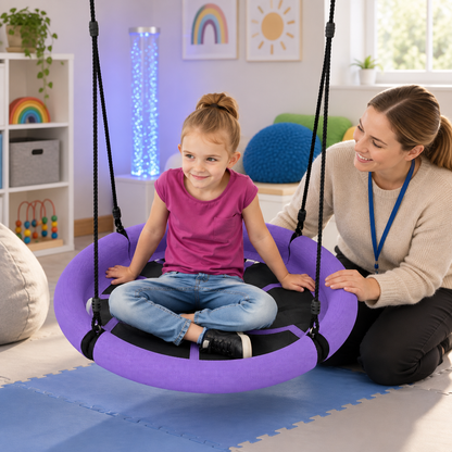 Purple Sensory Nest Swing in a nursery sensory area