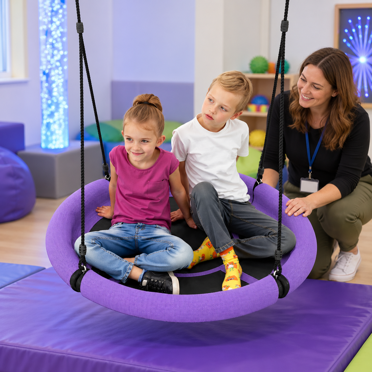 Purple Sensory Nest Swing in a school sensory room