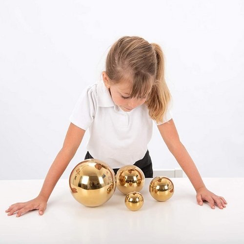 Sensory Reflective Gold Balls, The Sensory Reflective Gold Balls are robustly constructed from hard wearing stainless steel, these beautiful smooth, hand finished, gold tactile balls provide a stretched version of reality that is distorted like a fish-eye lens giving children a fascinating view of themselves and the world. The Sensory Reflective Gold Balls come as a delightful set of 4 pieces. The Sensory Reflective Gold Balls are lightweight and easy to handle for the youngest children, they can be used in