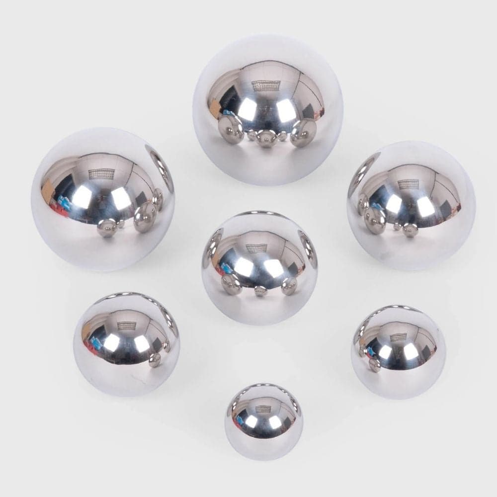 Sensory Reflective Sound Balls Pack of 7, The Sensory Reflective Sound Balls are robustly constructed from stainless steel, these 7 sensory reflective sound balls are graduated in size from 50mm to 110mm, each with different contents so that every ball produces a different sound and movement effect. The hand finished shiny mirror surface on the Sensory Reflective Sound Balls provides a distorted fish-eye lens reflection which is fascinating for children to observe. The Sensory Reflective Sound Balls are lig