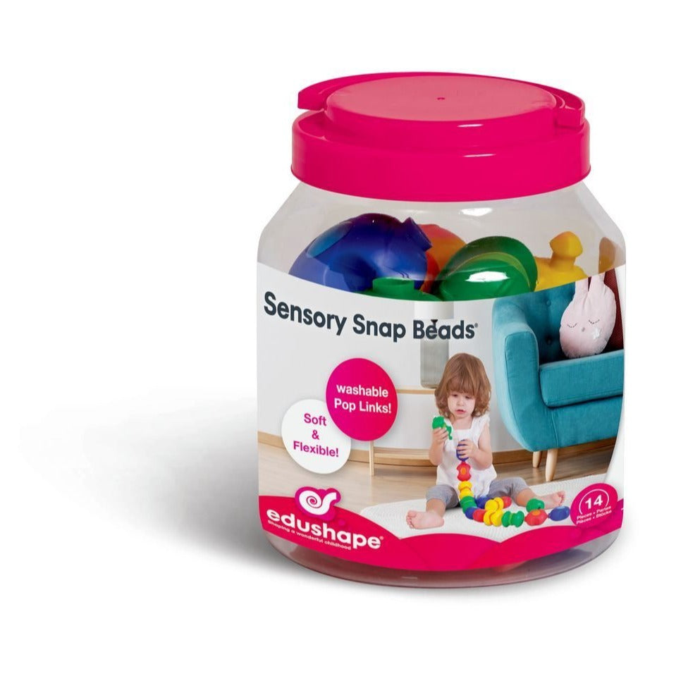 Sensory Snap Beads, Sensory Snap Beads come within a handy storage tub and there are 14 sensory snap beads provided. Sensory Snap Beads have such simplicity which encourages repetitive play that babies and children love while stimulating visual development and eye-hand coordination. Hand your child a bead and immediately it becomes their favorite teether – the ends of the sensory snap beads are perfect for sore gums. Builds Gross- and Fine-Motor Skills Dump the beads on the floor and watch him work on eye-h