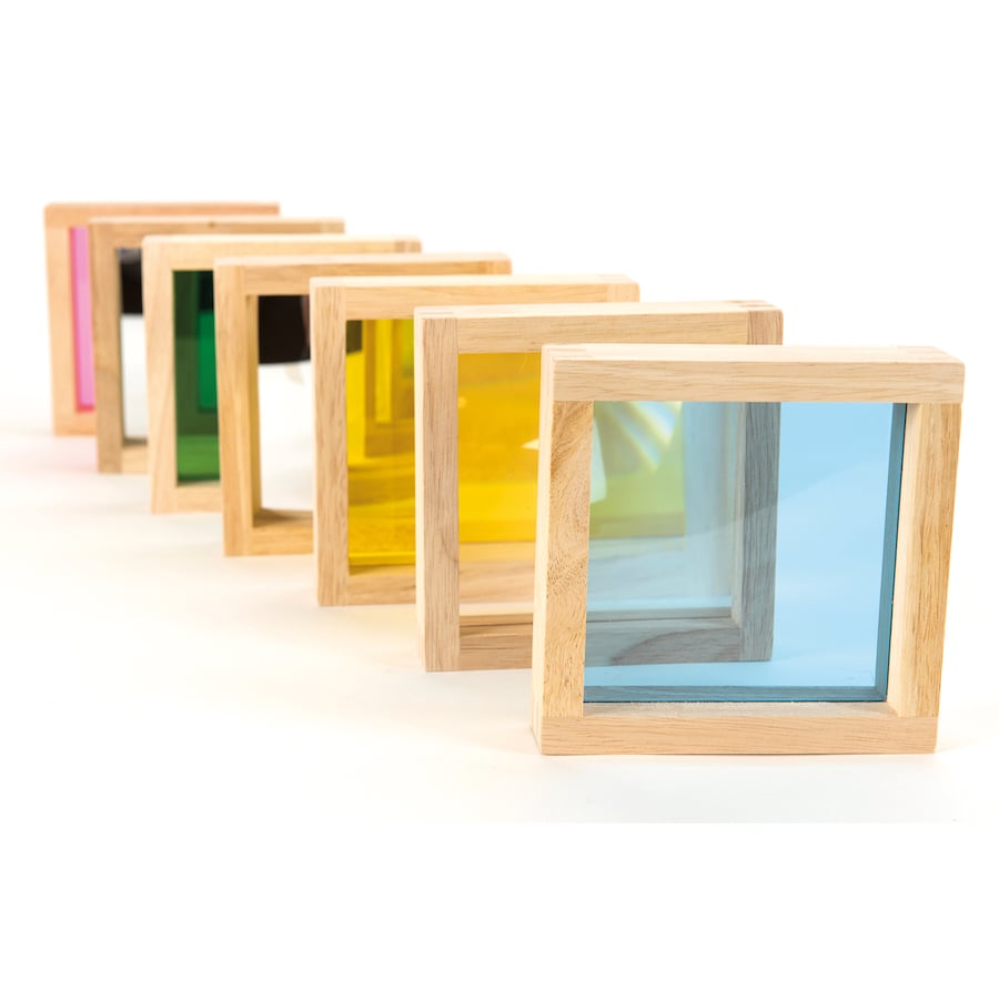Sensory Squares 7pk, The Sensory Squares set is a beautiful wooden squares with different coloured and mirrored inserts to engage younger children. The Sensory Squares 7pk contains inserts which are red, yellow, green, blue, magnifier, mirror and concave/convex mirror. Children will love to handle the Sensory Squares. The Sensory Squares encourage observations and conversations about their different properties Practical Pre-School Awards 2017 "A beautifully made sensory toy which appeals to all ages. The bl