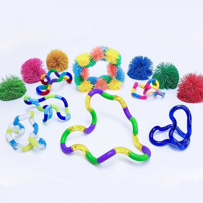 Sensory Starter Pack, It is designed specifically for individuals who seek comfort and sensory stimulation through touch. The pack includes a variety of tangles with different textures, sizes, and designs, allowing users to explore and experience different sensations. The large tangles come with bumps and grooves, providing a more intricate and engaging tactile experience. The smaller ones, including Tangle Junior, metallic, and fuzzy, offer a varied range of textures for added sensory delight.In addition t