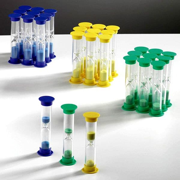 Set of 30 Mixed Mini Sand Timers 1, 3 & 5 Minute, The Pack of 30 Robust Colour Coordinated Sand Timers is perfect for ensuring accurate interval times for individual pupil use. Whether in science or mathematics lessons, these sand timers are an ideal tool for teachers and students alike.This set includes 10 sand timers that each measure 1 minute, indicated by a vibrant green color. With these timers, students can easily track one-minute intervals, making it suitable for various activities and exercises.Furt