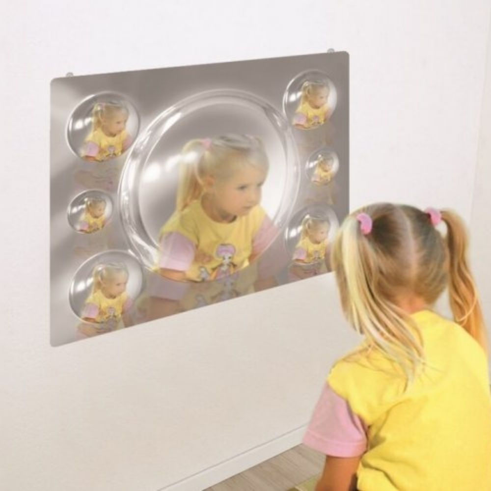 Set of 4 Multi Effect Mirrors, These Multi Effect Mirrors come as a set of four, each containing different sized bubbles and distorting the reflection in a different way. The Set of 4 Multi Effect Mirrors is a stunning addition to any bedroom,sensory room or classroom and children will be drawn to the various effects shown in these stunning sensory mirrors. These uniquely shaped mirrors are unbreakable and anti-splinter, ensuring maximum safety for a child. The Multi Effect Mirrors are made from shatter pro