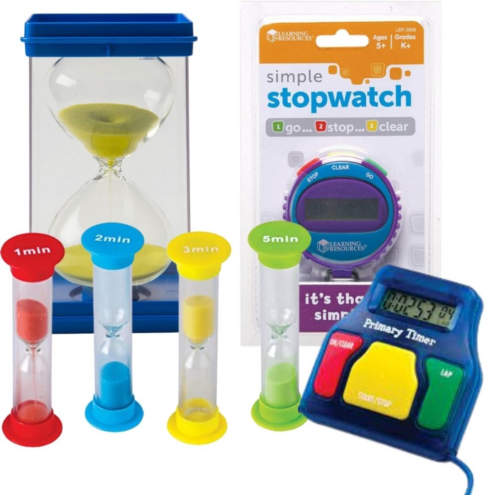 Set of Sand & Digital Timers, Entice children to vary and expand their maths learning using this good selection of sand and electronic classroom timers in our exclusive Set of Sand & Digital Timers Kit. Our Set of Sand & Digital Timers set includes a selection sand and digital timers includes the following; 1-minute mini sand timer, 3-minute mini sand timer, 5-minute mini sand timer, Two digital sand timers and one large 2-minute timer. These timers will encourage mathematical and scientific thinking in a f