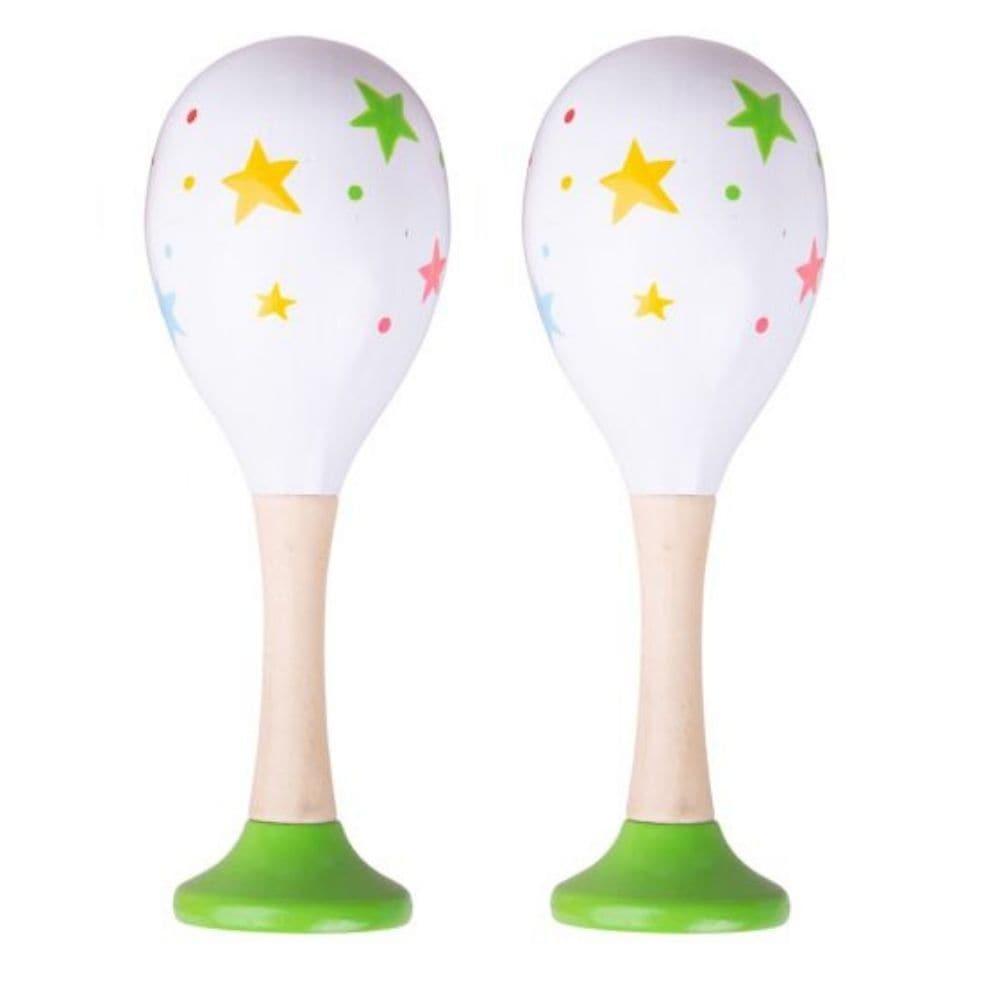 Shaker Maraca, Based on the world's most popular shaken instrument, this wooden maraca makes a pleasant and instantly familiar rattle noise when it's moved from side-to-side. The Wooden Shaker Maraca is decorated with a variety of brightly coloured decorative stars and features a natural wood handle. There are three different designs available, so order more than one Shaker Maraca if you'd like to receive an assortment. The colourful star print pattern on our maracas is engaging for children, and the maraca